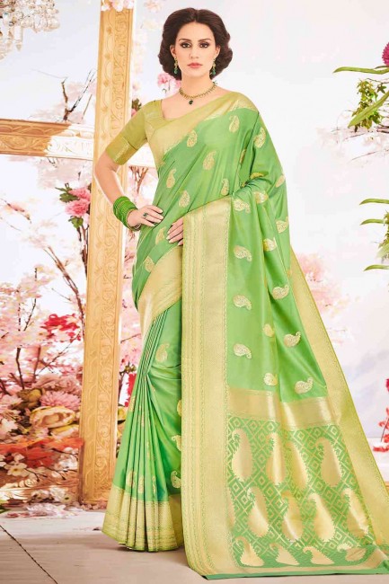 Saree in Green Banarasi raw silk