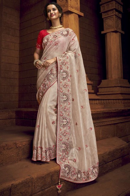 Cream Saree in Organza with Embroidered
