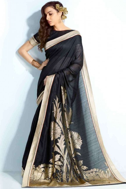 Printed Saree in Black Handloom silk