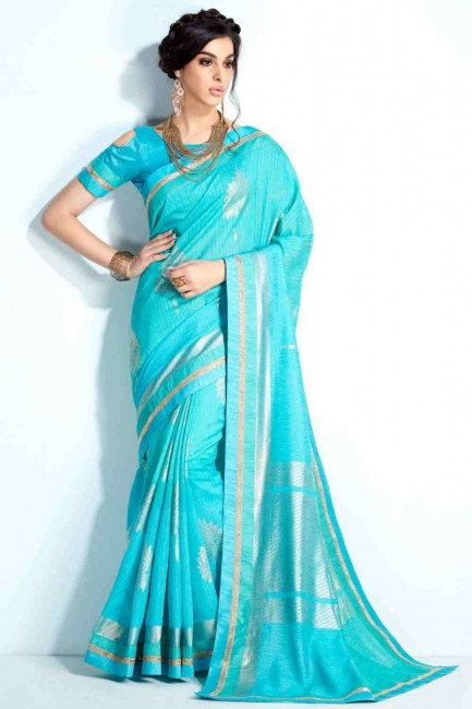 Sky blue Saree in Printed Handloom silk