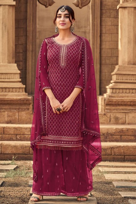 Embroidered Georgette Pink Eid Palazzo Suit with Dupatta