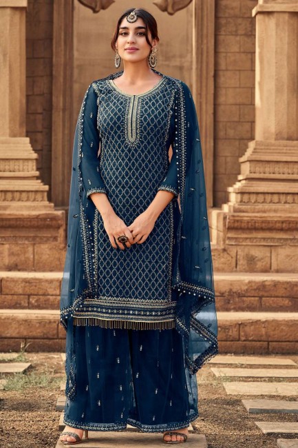 Georgette Embroidered Teal  Eid Palazzo Suit with Dupatta