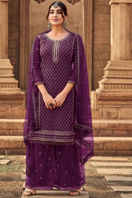 Georgette Eid Palazzo Suit in Purple with Embroidered