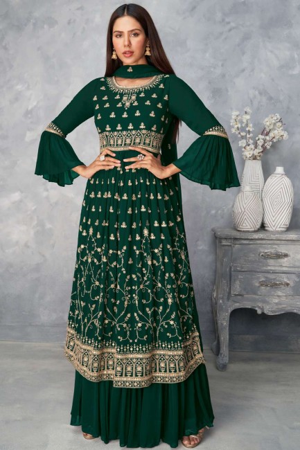 Embroidered Georgette Eid Sharara Suit in Green with Dupatta