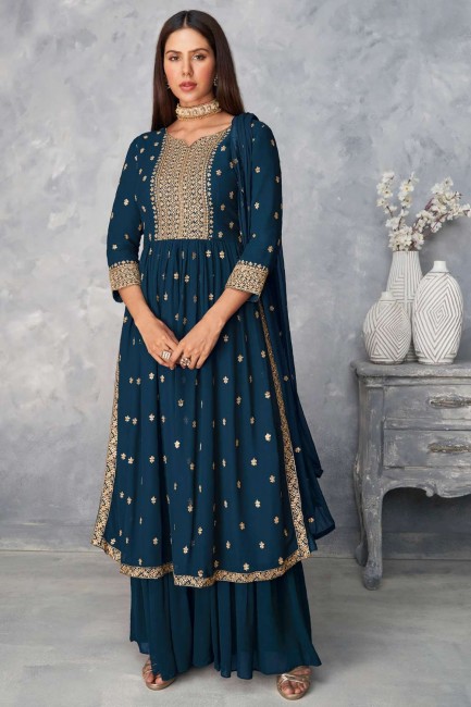 Teal Eid Sharara Suit with Embroidered Georgette