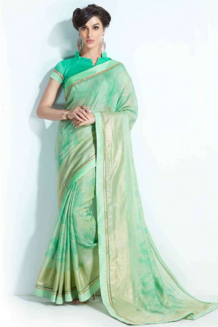 Printed Handloom silk Saree in Green with Blouse