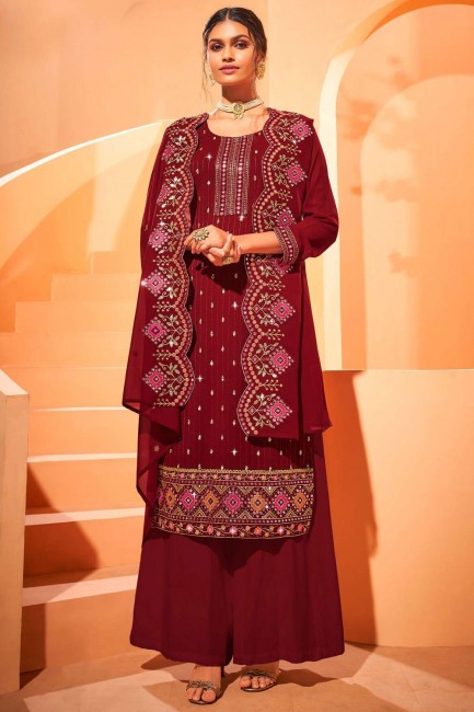 Georgette Eid Palazzo Suit in Maroon with Embroidered