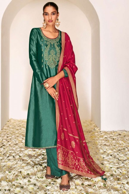 Silk Printed Rama green Eid Palazzo Suit with Dupatta