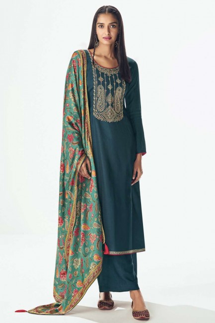 Silk Eid Palazzo Suit in Teal  with Digital print