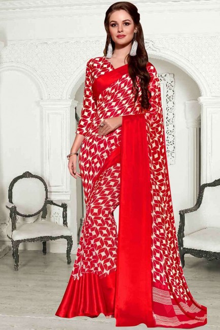 Red Printed Saree in Georgette