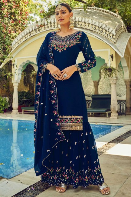 Navy blue Eid Sharara Suit in Georgette with Stone with moti