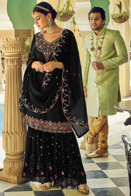 Stone with moti Georgette Black Eid Sharara Suit with Dupatta