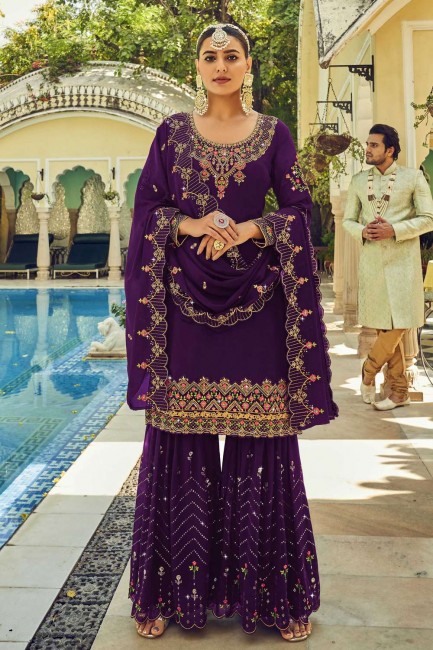 Georgette Eid Sharara Suit in Purple with Stone with moti