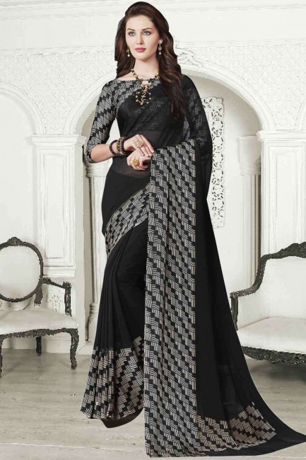 Georgette Printed Black Saree with Blouse