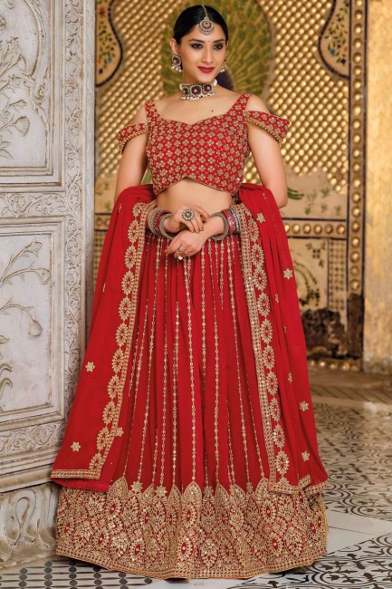 Embroidered Georgette Party Lehenga Choli in Red
