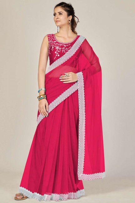 Rani pink Saree in Embroidered,lace border Net