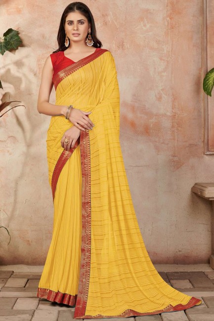 Lycra Saree in Yellow with Lace Work
