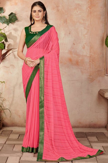 Pink Saree in Lycra with Lace Work