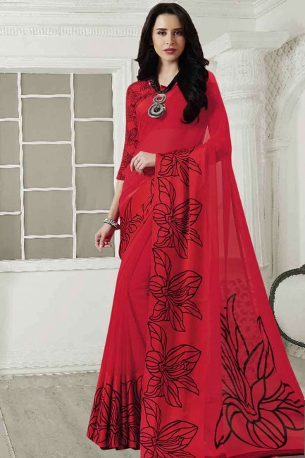 Red Saree with Printed Georgette