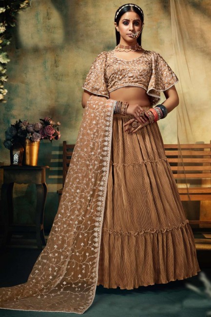 Party Lehenga Choli in Beige Satin with Embroidered