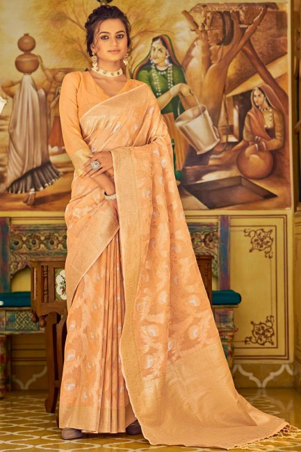 Saree in Peach Linen with Weaving