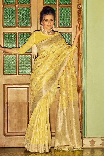 Weaving Linen Yellow Saree with Blouse