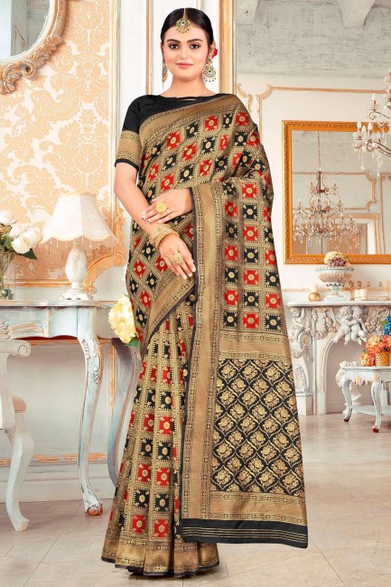 Silk Zari,embroidered Golden,black South Indian Saree with Blouse