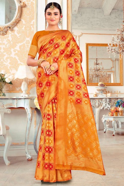 Zari,embroidered Silk South Indian Saree in Golden with Blouse
