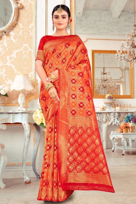 Zari,embroidered Silk South Indian Saree in Golden,red