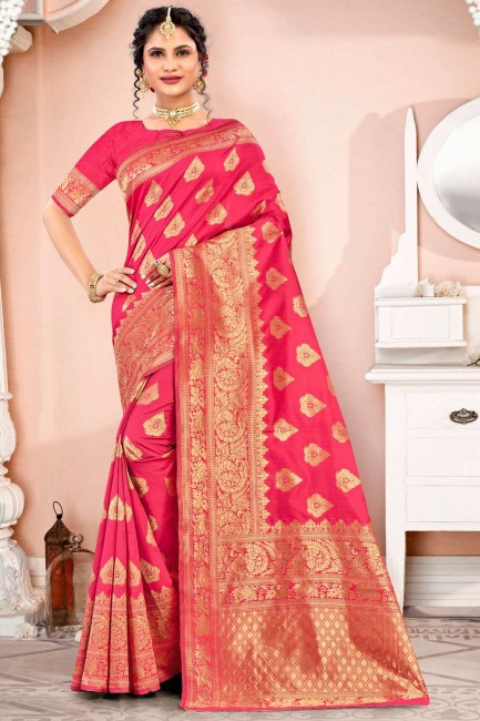 Silk South Indian Saree with Zari,embroidered in Pink