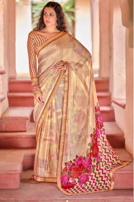 Chiffon Printed Beige Saree with Blouse