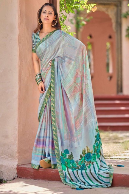 Saree Blue  in Chiffon with Printed