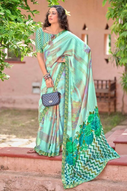 Chiffon Saree in Green with Printed