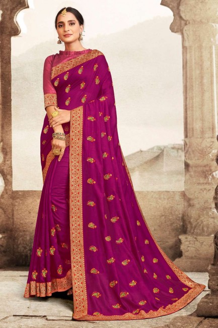 Embroidered,lace border Silk Purple South Indian Saree with Blouse