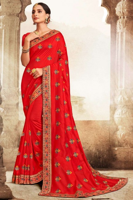 Silk South Indian Saree in Red with Embroidered,lace border
