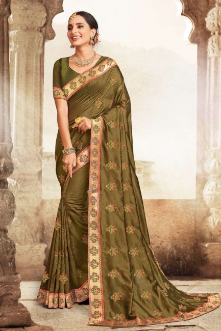 Olive green Silk South Indian Saree with Embroidered,lace border