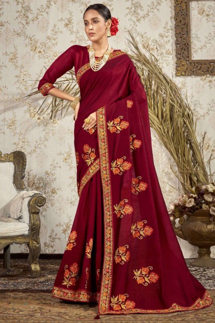 Burgundy Saree in Silk with Zari,embroidered