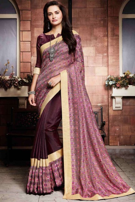 Wine  Saree in Silk with Printed