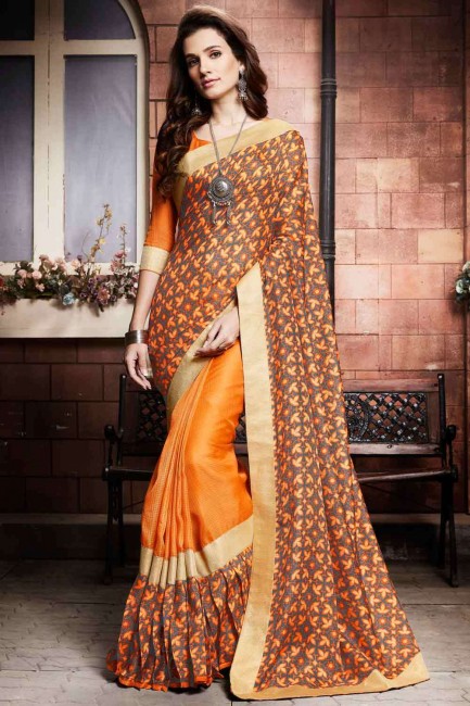Orange Silk Saree blouse with Printed