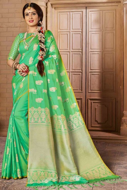 Fashionable Banarasi raw silk in Green Saree