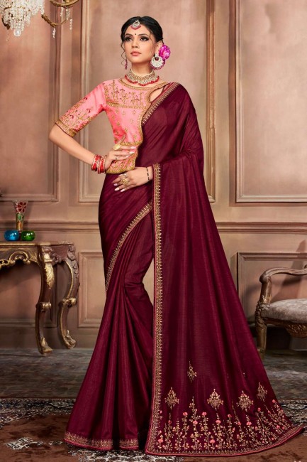 Silk Saree with Lace border in Dark maroon