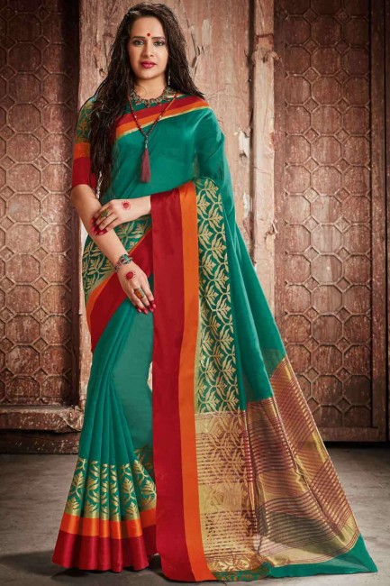 Handloom silk South Indian Saree in Green