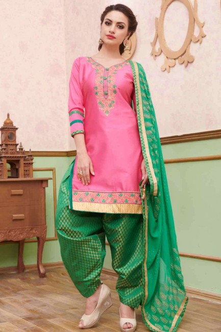 Cotton Embroidered Pink Patiala Suit with Dupatta