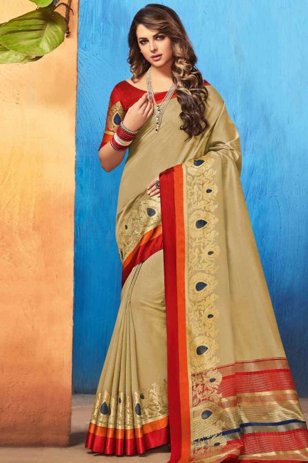 Sassy Beige Banarasi Saree in raw silk