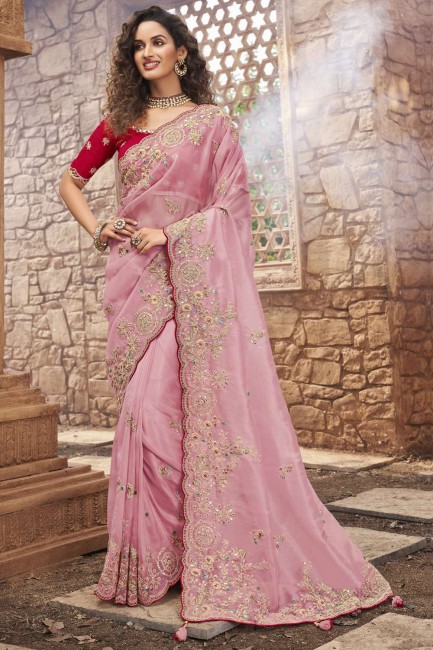 Stone,beads,sequins Saree in Light pink Organza
