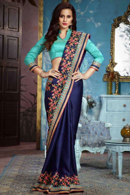 Satin Navy blue Saree in Embroidered