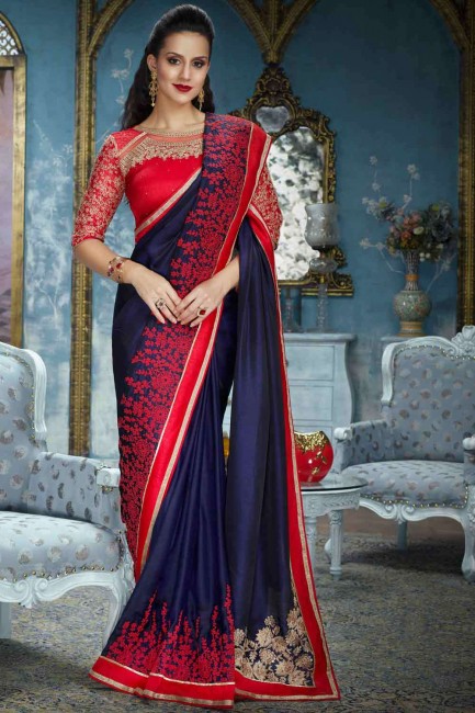 Embroidered Satin Saree in Navy blue
