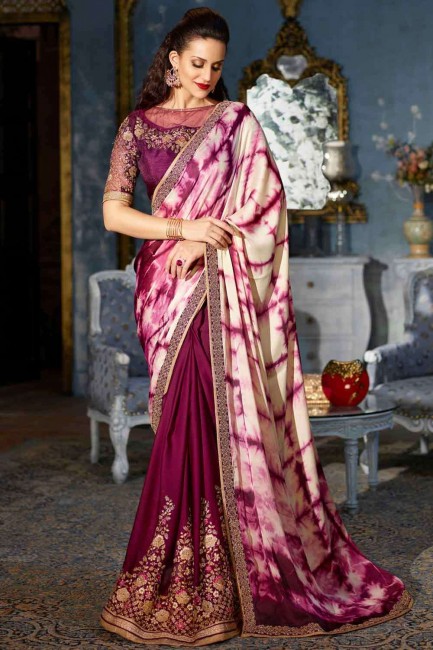 Satin Saree in Wine  with Embroidered