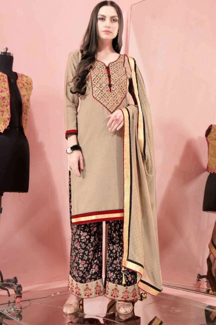 Beige Embroidered Cotton Palazzo Suit