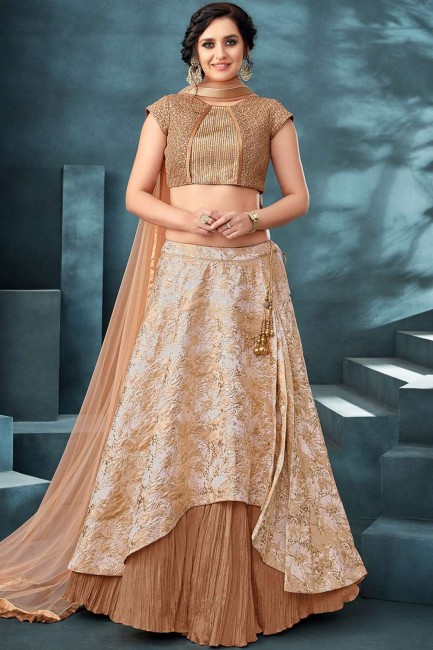Embroidered Jacquard Party Lehenga Choli in Beige with Dupatta